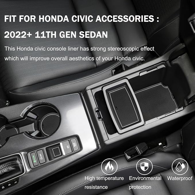 for Honda Civic Accessories 2022 2023 2024 2025 2026 11th Gen Sedan Cup Holder Insert Center Console Liner Door Slot Mats Pad Coaster Trim Premium Rubber Custom Interior 17PC Set (Gray Trim)
