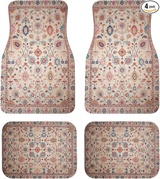 Vintage Car Floor Mats-Non-Slip Rubber Backing,Front (26.8x17.3in) & Rear (13x17.3in) Set-Water Absorbing, Durable Automotive Floor Liners with Stylish Patterns