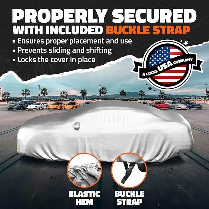 Mockins 185"x70"x60" Small Sedan Car Cover for Snow Frost UV & Light Rain | All Weather 190T Polyester Outdoor & Indoor Car Covers for Automobiles | Water-Resistant Full Exterior Covers with Strap