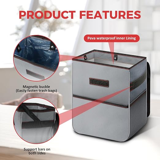 Healsmart 2 Gallon Car Trash Can Lid and Storage Pockets, Leak-Proof Collapsible and Portable Organizer, Multipurpose Garbage Bin with Adjustable Straps, Grey