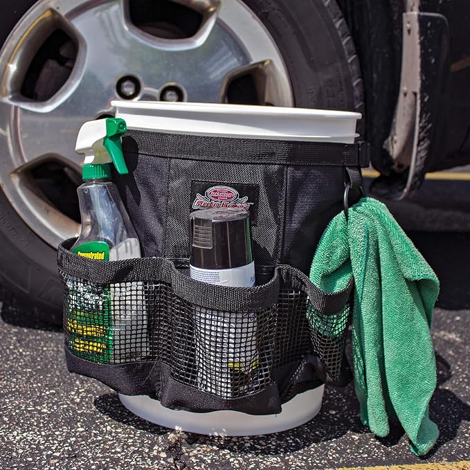 Bucket Boss Auto Boss Wash Boss Organizer for a 5 Gallon Bucket, with Fast-Drying, Exterior Mesh Pockets for Car Supplies, Allowing for Soap and Water in the Bucket, in Black, AB30060