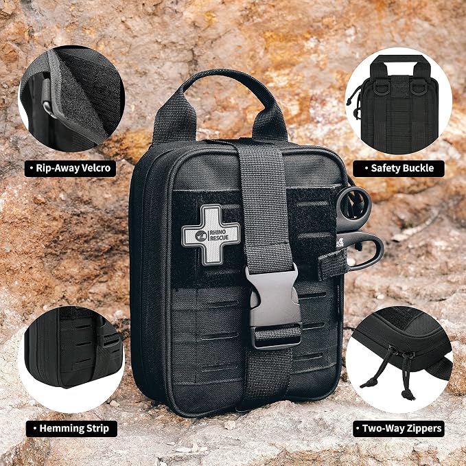 RHINO RESCUE Survival First Aid Kit for Hiking, Backpacking | Portable Size, IFAK Molle Pouch, Essential Outdoor Gear, 100+ First Aid Supplies, 20+ Survival Essentials, HSA/FSA Approved