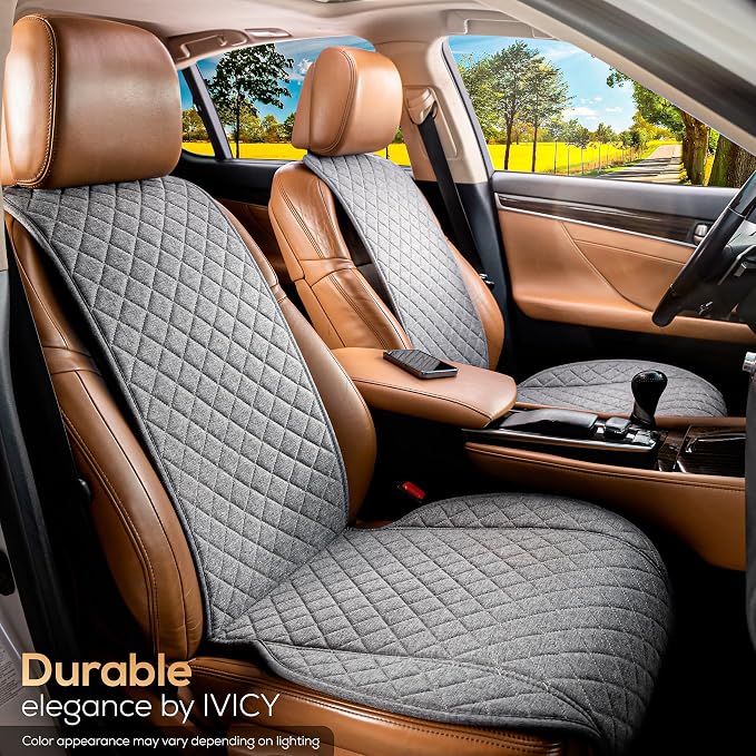 IVICY Faux Linen Front Car Seat Cover – Non-Slip Bucket Seat Protector for Most Cars, SUVs, Vans & Trucks – 1 Seat Cover, Machine Washable, Side-Airbag Friendly, Cool Gray