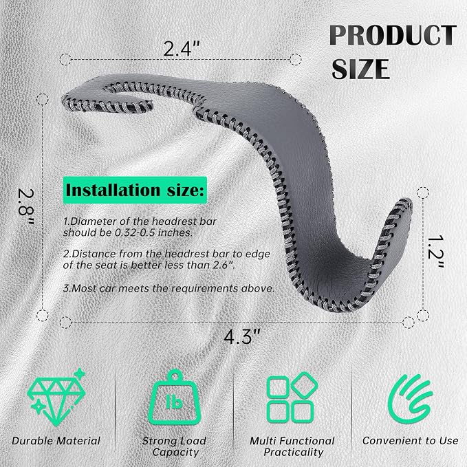 Amooca Car Seat Headrest Hook Universal Vehicle Storage Hanger Leather with Metal Car Seat Back Organizer for Handbag Purse Coat Grey 2 Pack