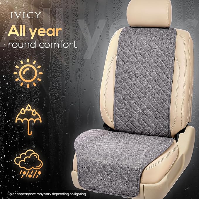 IVICY Faux Linen Front Car Seat Cover – Non-Slip Bucket Seat Protector for Most Cars, SUVs, Vans & Trucks – 1 Seat Cover, Machine Washable, Side-Airbag Friendly, Cool Gray
