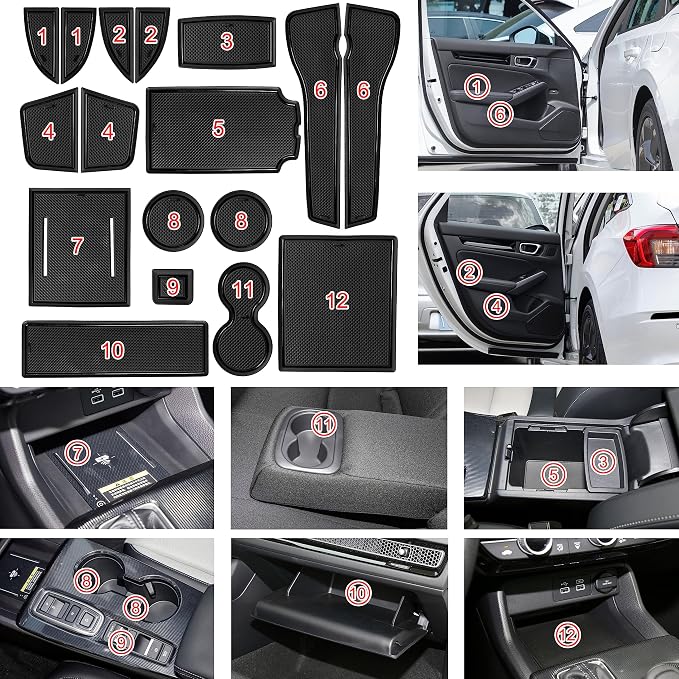 for Honda Civic Accessories 2022 2023 2024 2025 2026 11th Gen Sedan Cup Holder Insert Center Console Liner Door Slot Mats Pad Coaster Trim Premium Rubber Custom Interior 17PC Set (Black Trim)
