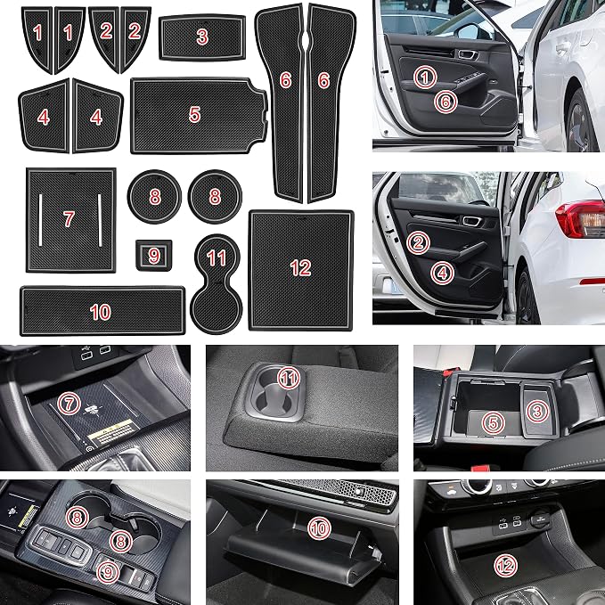 for Honda Civic Accessories 2022 2023 2024 2025 2026 11th Gen Sedan Cup Holder Insert Center Console Liner Door Slot Mats Pad Coaster Trim Premium Rubber Custom Interior 17PC Set (Gray Trim)