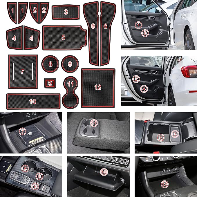 for Honda Civic Accessories 2022 2023 2024 2025 2026 11th Gen Sedan Cup Holder Insert Center Console Liner Door Slot Mats Pad Coaster Trim Premium Rubber Custom Interior 17PC Set (Red Trim)