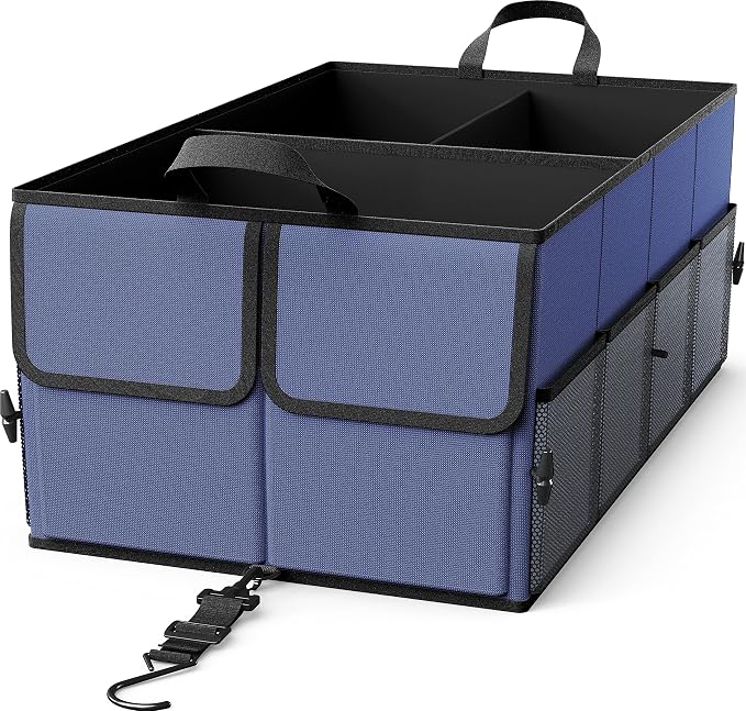 EPAuto Foldable Car Trunk Organizer for SUV, 3-Compartment, Blue | with Removable Divider, Side Pockets and Securing Straps