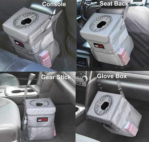 EPAuto Waterproof Car Trash Can with Lid and Pockets, 2.5 Gal, Gray | Leakproof, Collapsible Multipurpose Car Bin with 3 Side Storage Pockets, Adjustable Straps
