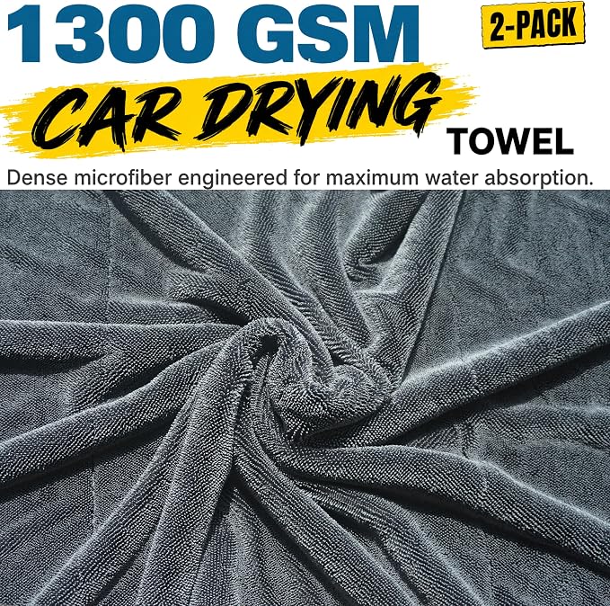 teworld® 2-Pack Car Drying Towels, Large 36 x 28 Inch, 1300 GSM, Dual-Gray | Twisted Loop Microfiber Towel for Cars - Absorbent Car Dry Towel and Car Wash Towel for Streak-Free, Paint-Safe Car Detailing