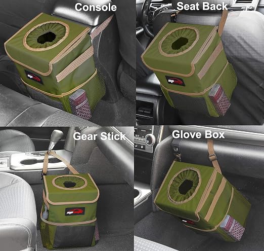 EPAuto Waterproof Car Trash Can with Lid and Pockets, 2.5 Gal, Green | Leakproof, Collapsible Multipurpose Car Bin with 3 Side Storage Pockets, Adjustable Straps
