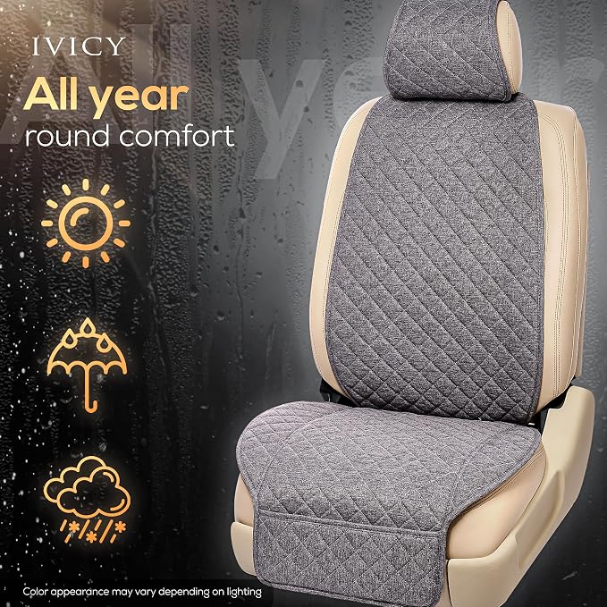 IVICY Faux Linen Front Car Seat Cover – Non-Slip Bucket Seat Protector for Most Cars, SUVs, Vans & Trucks – 1 Seat Cover, Machine Washable, Side-Airbag Friendly, Cool Gray