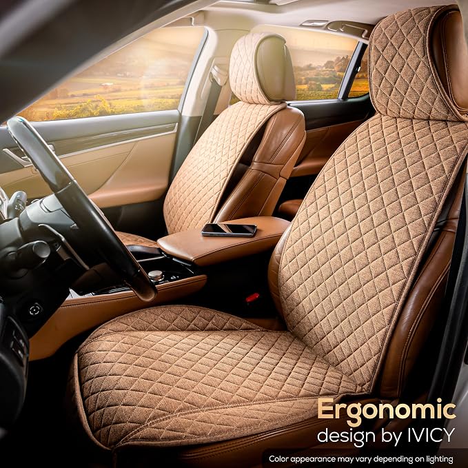IVICY Faux Linen Front Car Seat Cover – Non-Slip Bucket Seat Protector for Most Cars, SUVs, Vans & Trucks – 1 Seat Cover, Machine Washable, Side-Airbag Friendly, Light Brown