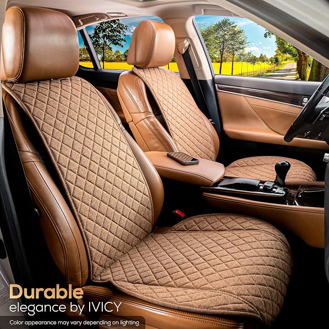 IVICY Faux Linen Front Car Seat Cover – Non-Slip Bucket Seat Protector for Most Cars, SUVs, Vans & Trucks – 1 Seat Cover, Machine Washable, Side-Airbag Friendly, Light Brown