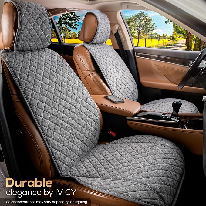 IVICY Faux Linen Front Car Seat Cover – Non-Slip Bucket Seat Protector for Most Cars, SUVs, Vans & Trucks – 1 Seat Cover, Machine Washable, Side-Airbag Friendly, Cool Gray