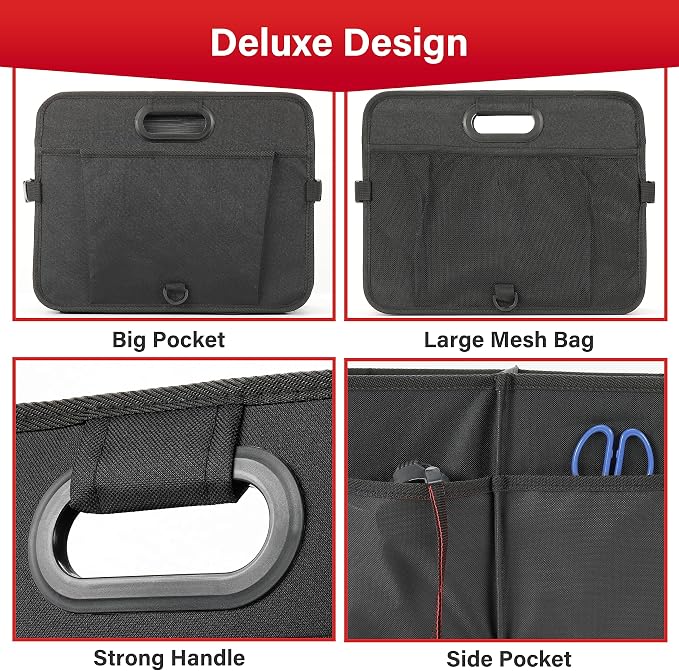 Simple Deluxe Car Trunk Organizer, Multi Compartments Collapsible Trunk Storage, Anti-slip, Waterproof 600D Oxford Polyester, with Adjustable Straps for SUV, Minivan, Truck, Large Size, Black