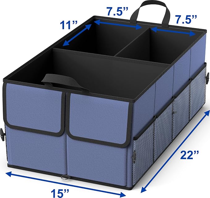 EPAuto Foldable Car Trunk Organizer for SUV, 3-Compartment, Blue | with Removable Divider, Side Pockets and Securing Straps