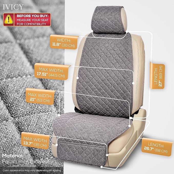 IVICY Faux Linen Front Car Seat Cover – Non-Slip Bucket Seat Protector for Most Cars, SUVs, Vans & Trucks – 1 Seat Cover, Machine Washable, Side-Airbag Friendly, Cool Gray