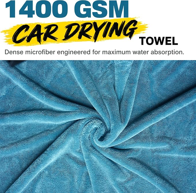teworld® Car Drying Towel, Extra Large 48 x 24 Inch, 1400 GSM, Dual-Color | Twisted Loop Microfiber Towel for Cars - Absorbent Car Dry Towel and Car Wash Towel for Streak-Free, Paint-Safe Car Detailing
