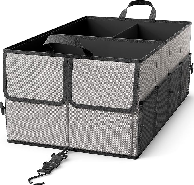 EPAuto Foldable Car Trunk Organizer for SUV, 3-Compartment, Gray | with Removable Divider, Side Pockets and Securing Straps