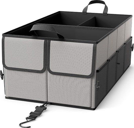 EPAuto Foldable Car Trunk Organizer for SUV, 3-Compartment, Gray | with Removable Divider, Side Pockets and Securing Straps