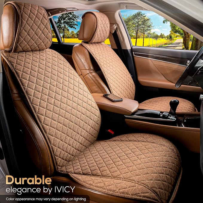 IVICY Faux Linen Front Car Seat Cover – Non-Slip Bucket Seat Protector for Most Cars, SUVs, Vans & Trucks – 1 Seat Cover, Machine Washable, Side-Airbag Friendly, Light Brown