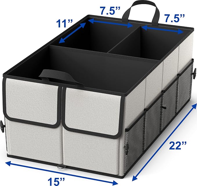 EPAuto Foldable Car Trunk Organizer for SUV, 3-Compartment, Gray | with Removable Divider, Side Pockets and Securing Straps
