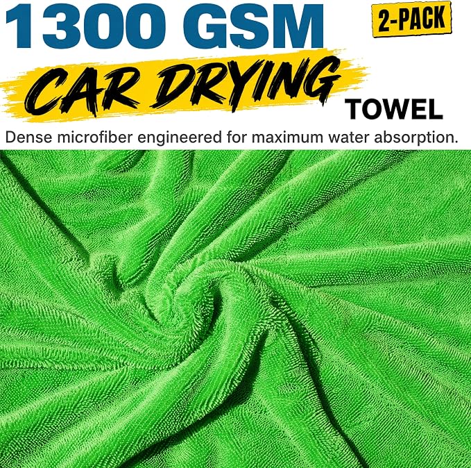 teworld® 2-Pack Car Drying Towels, Large 36 x 28 Inch, 1300 GSM, Dual-Color | Twisted Loop Microfiber Towel for Cars - Absorbent Car Dry Towel and Car Wash Towel for Streak-Free, Paint-Safe Car Detailing