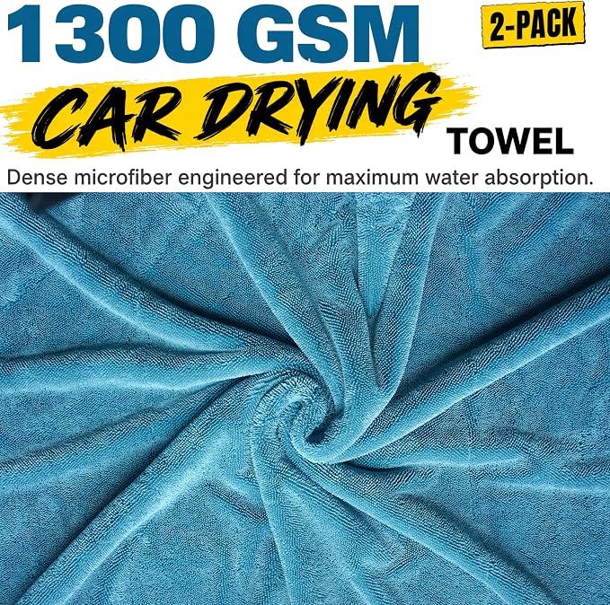 teworld® 2-Pack Car Drying Towels, Large 36 x 28 Inch, 1300 GSM, Dual-Color | Twisted Loop Microfiber Towel for Cars - Absorbent Car Dry Towel and Car Wash Towel for Streak-Free, Paint-Safe Car Detailing