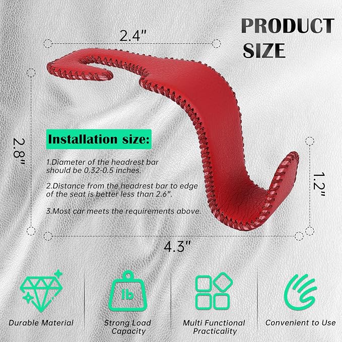 Amooca Car Seat Headrest Hook Universal Vehicle Storage Hanger Leather with Metal Car Seat Back Organizer for Handbag Purse Coat Wine 2 Pack