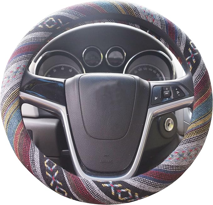 Medium Ethnic Style Coarse Flax Cloth Automotive Steering Wheel Cover Anti Slip and Sweat Absorption Auto Car Wrap Cover (14.5''-15'',E)