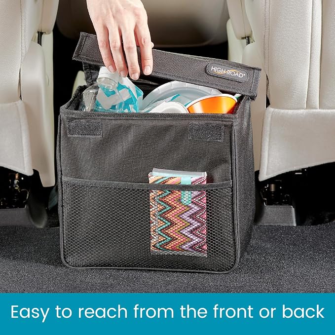 High Road TrashStand Weighted Car Trash Can with Lid and Removable Leakproof Liner - Universal Fit Behind Center Console in Back Seat - Holds 2 Gallons of Car Garbage | High Road's Behind Console Car Garbage Can With Bottom Weight, Floor Grips and Remo...