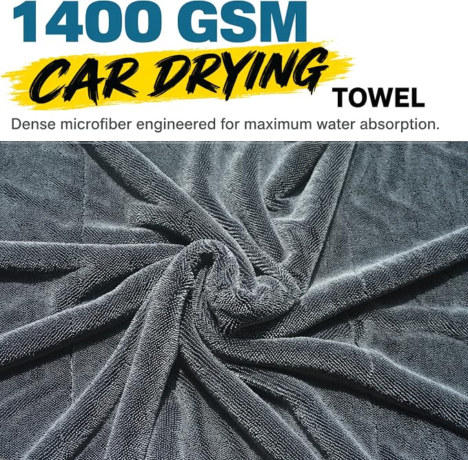 teworld® Car Drying Towel, Extra Large 48 x 24 Inch, 1400 GSM, Dual-Grey | Twisted Loop Microfiber Towel for Cars - Absorbent Car Dry Towel and Car Wash Towel for Streak-Free, Paint-Safe Car Detailing