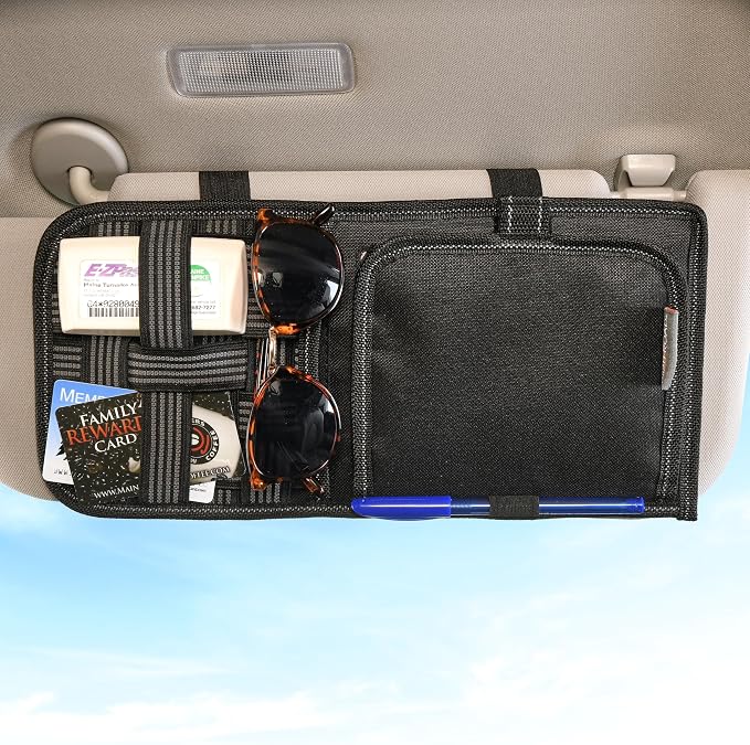 Visor Organizer with Mirror and Hidden Registration and Insurance Pocket | High Road Car and Truck Visor Organizer with Covered Mirror, Document Pockets and Grip Band Storage Panel